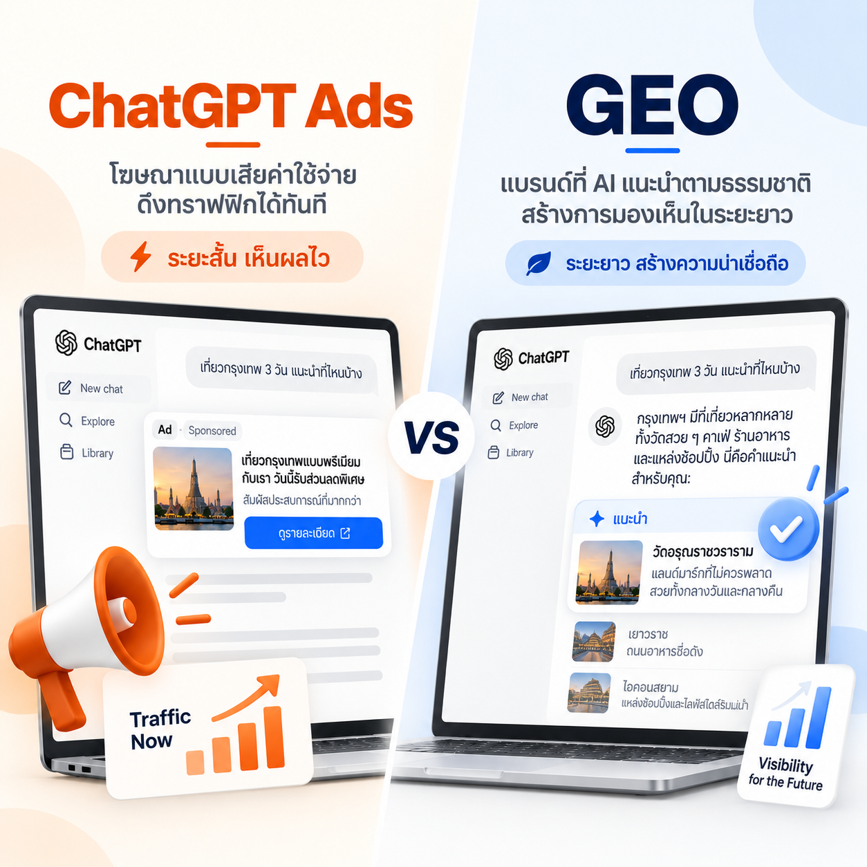 เปรียบเทียบตำแหน่ง ChatGPT Ads ใต้คำตอบกับแบรนด์ที่ถูกแนะนำในคำตอบผ่าน GEO